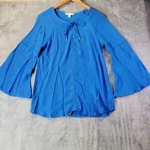Counterparts Blue‎ Bell Sleeve Boho Tie Neck Blouse Top 911844HA Womens Small